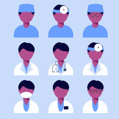 Bir doktor, üniformalı siyah bir hemşire. Düz stil bir adam. Vektör illüstrasyonu.