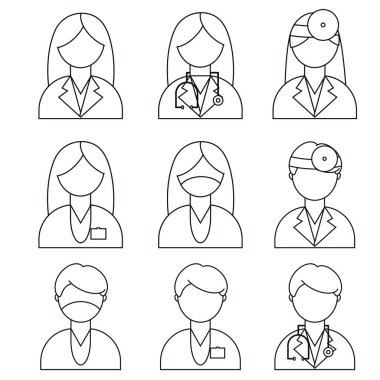 Üniformalı farklı doktorlar. Erkek, kadın düz stil. Tarz çizgisi tıbbı