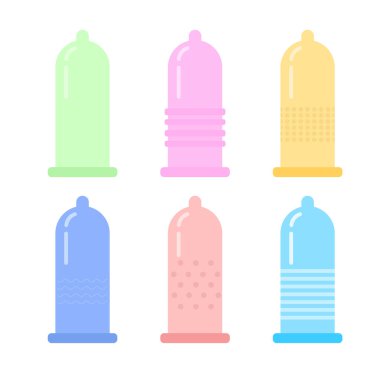 Beyaz arka planda izole edilmiş prezervatif seti. Vektör illüstrasyonu