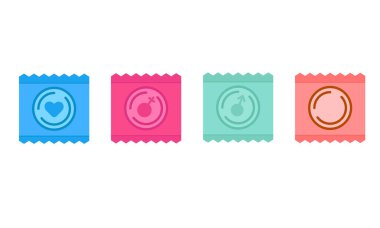 Farklı ve paketlenmiş prezervatif seti. Vektör illüstrasyonu