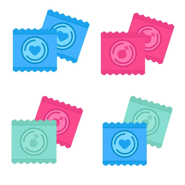 Conjunto Diferentes Paquetes Preservativos Emparejados Ilustración Vectorial — Vector de stock