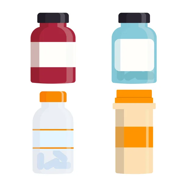 Conjunto Botellas Diferentes Formas Médicas Con Etiquetas Pastillas Ilustración Plana — Archivo Imágenes Vectoriales