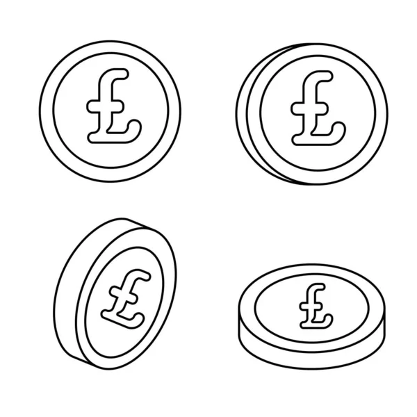 Moneta Sterlina Impostata Stile Linea Illustrazione Piatta Vettoriale — Vettoriale Stock