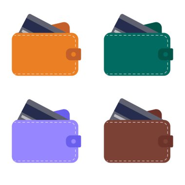 Deri cüzdanı kredi kartıyla ayarla. Beyaz arka planda izole edilmiş. Vektör illüstrasyonu.