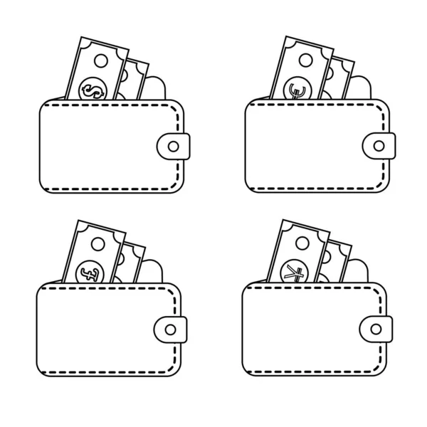 Ensemble Portefeuilles Cuir Avec Dollar Euro Livre Yen Argent Dans — Image vectorielle