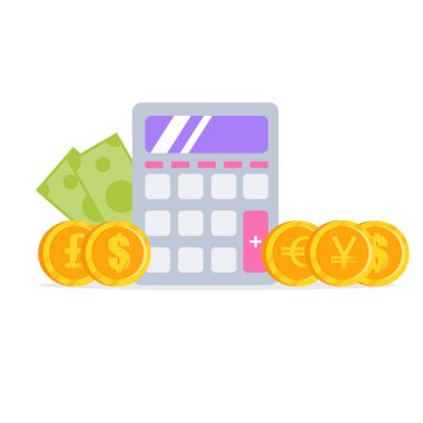 Bozuk paralar ve düz stil elektronik hesap makinesi. Vektör illüstrasyonu