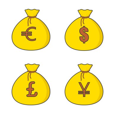 İçinde altın dolar, avro, yen, pound olan sarı para çantası. Beyaz arkaplanda izole edilmiş vektör resmi.