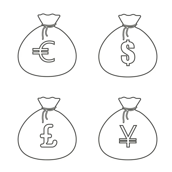 Sac Argent Avec Dollars Euros Yens Livres Dans Style Linéaire — Image vectorielle