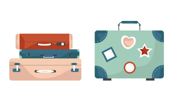 Set Stacks Luggage Suitcase Traveling Light Colors Vector Illustration — Stock Vector