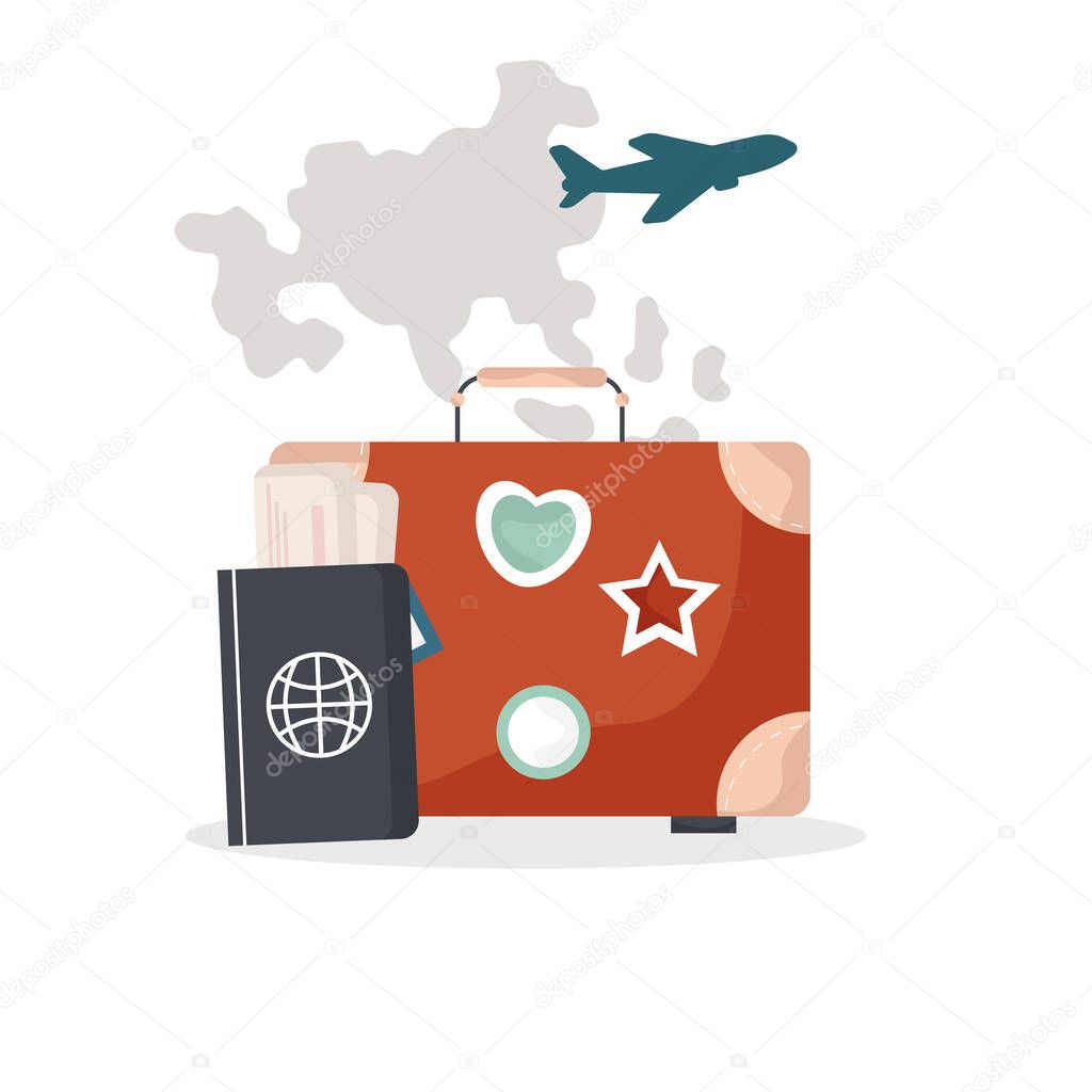 Travel luggage with card and airplane, passport, ticket. Isolated on white background. Vector illustration.