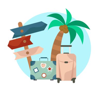 Yaz gezisi. Bavul, işaret ve palmiye ağacı. Vektör illüstrasyonu.