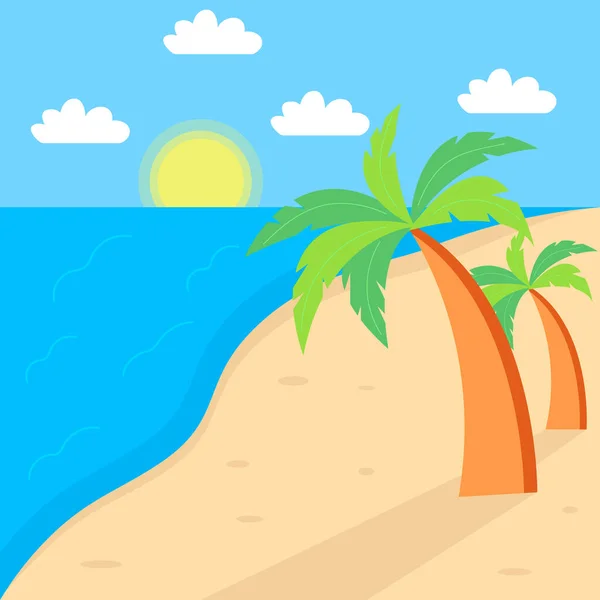 Summer landscape. Beach, sun, sea with palm trees. Vector illustration.