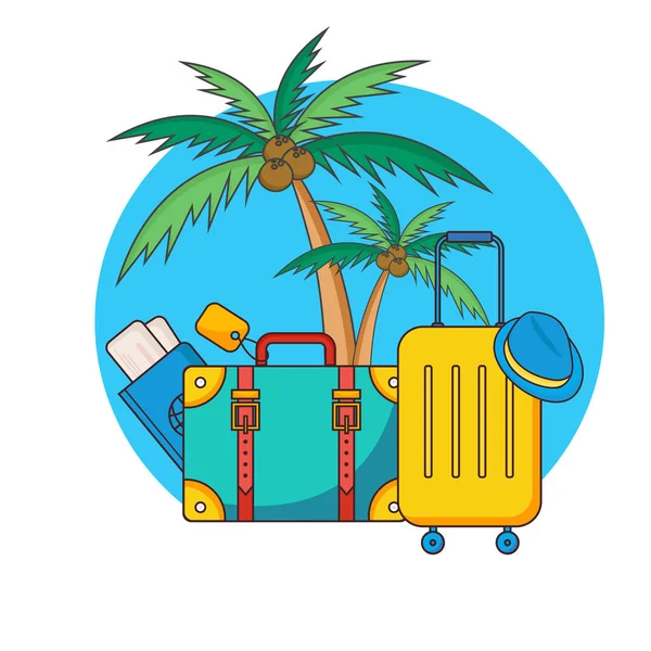 Sommerreise Hintergrund Set Mit Koffer Ticket Reisepass Und Palme Vektorillustration — Stockvektor