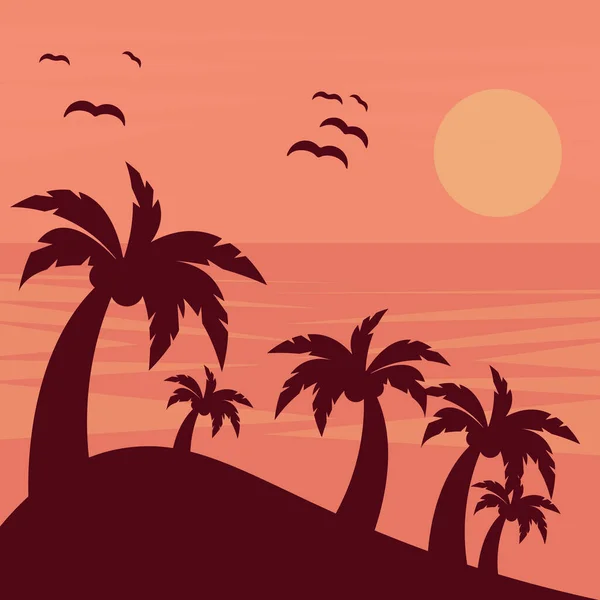 Yaz Yolculuğu Geçmişi Gün Batımında Gölgeli Palmiye Ağaçları Kuşlarla Vektör — Stok Vektör