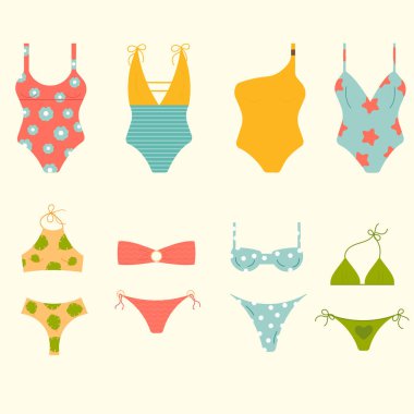 Arka planda izole edilmiş farklı kadın mayoları. Mayo ya da bikini. 