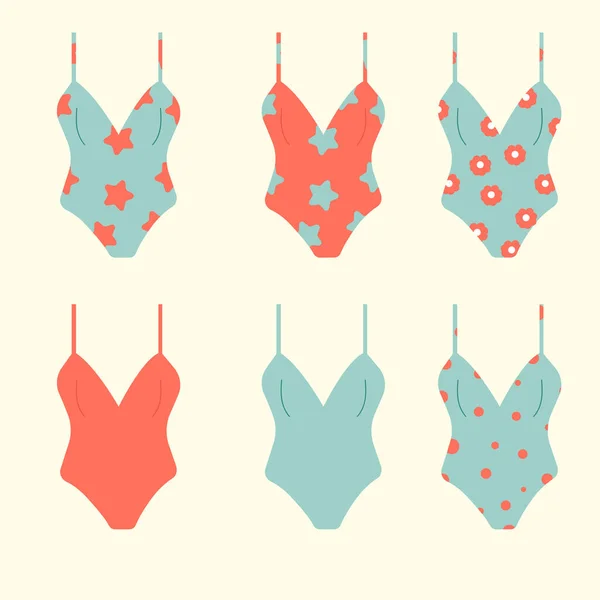 Women Swimsuits Different Colors Patterns Isolated Background Vector Illustration — Stock Vector