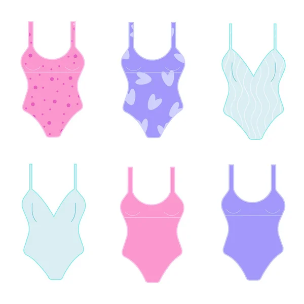 Women Swimwear Piece Different Colors Patterns Isolated White Background Vector — Stock Vector