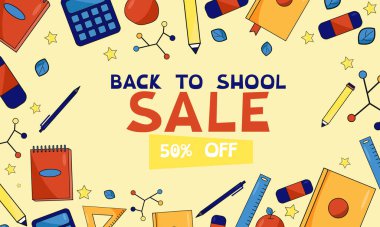 Okul pankartı satışına geri dönüyoruz. İndirim. Vektör illüstrasyonu