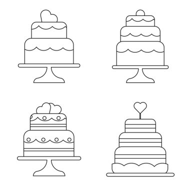 Set of festive wedding cakes in a linear style. Vector illustration