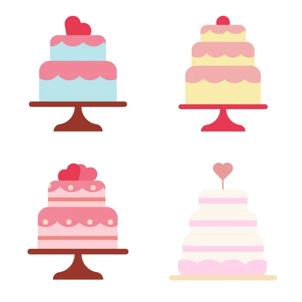 Set Festive Wedding Cakes Flat Style Vector Illustration — Stock Vector
