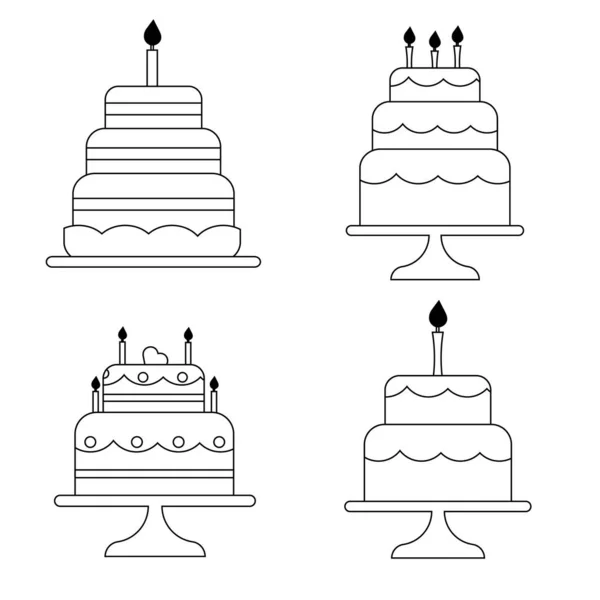 Set Flat Birthday Cakes Line Style Candles Vector Illustration — Vetor de Stock
