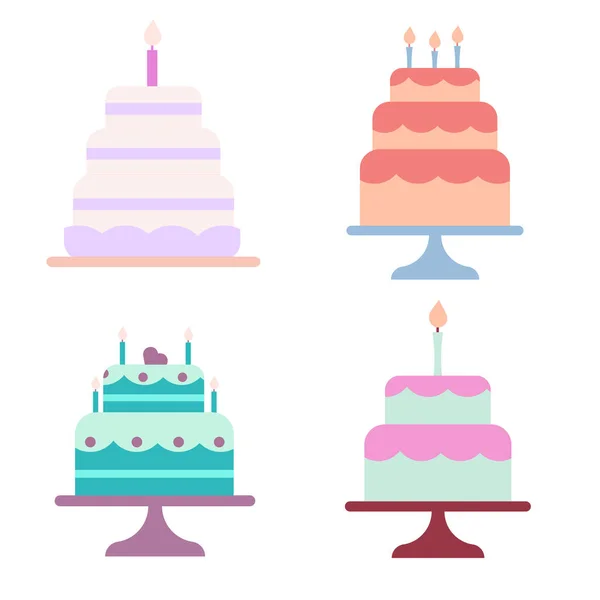 Set Flat Style Birthday Cakes Candles Vector Illustration — Image vectorielle
