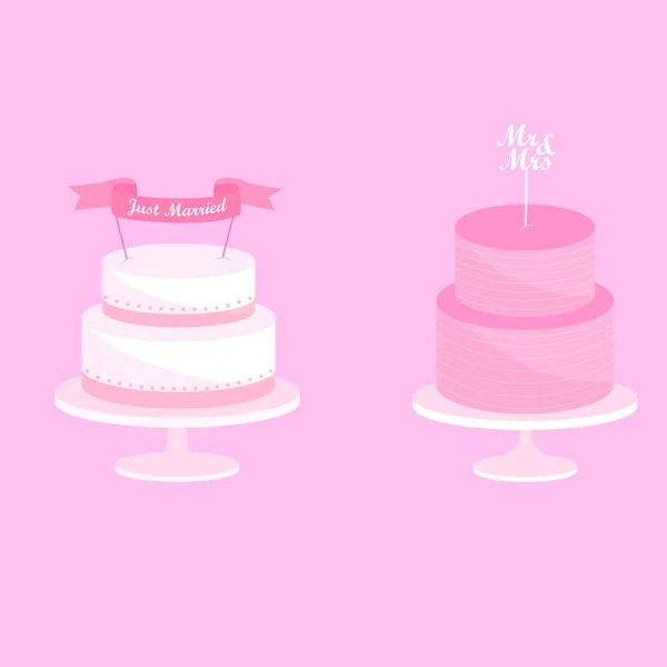 Set Festive Pink Wedding Cakes Inscriptions Just Married Mrs Vector — 图库矢量图片