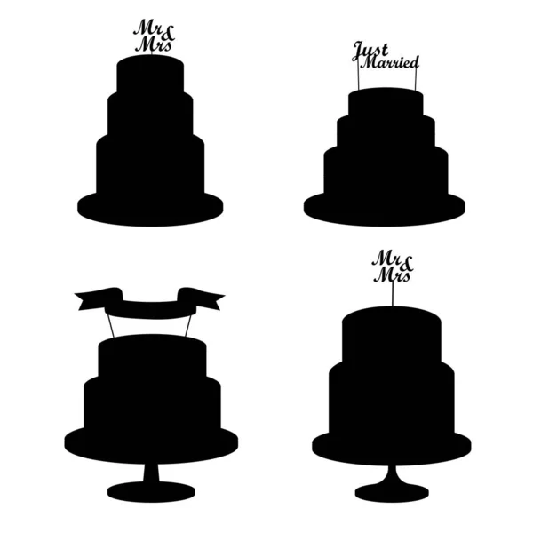 Set Festive Silhouettes Wedding Cakes Inscriptions Just Married Mrs Vector —  Vetores de Stock