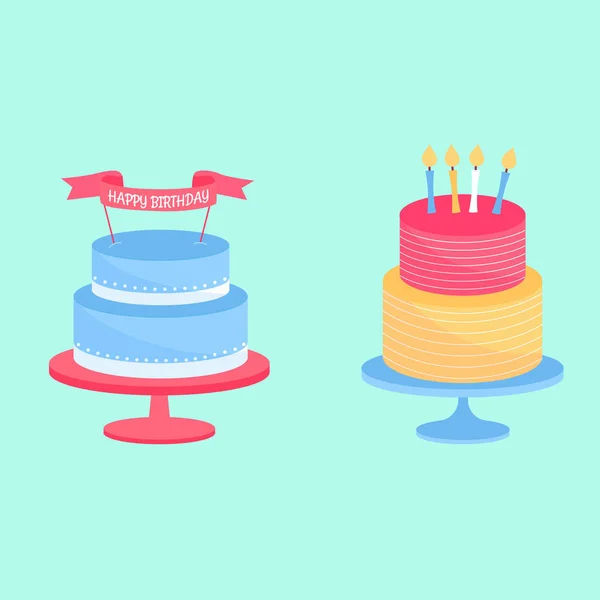 Set Brightly Colored Cakes Birthday Inscriptions Vector Illustration — Archivo Imágenes Vectoriales