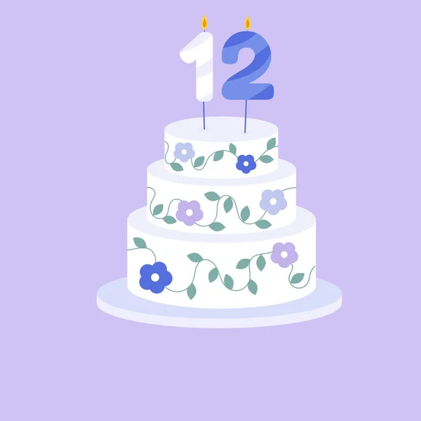 Holiday Cake Age Twelve Candle Flat Style Vector Illustration — Image vectorielle