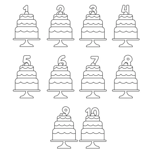 Set Cakes Candles Age Line Style Vector Illustration —  Vetores de Stock
