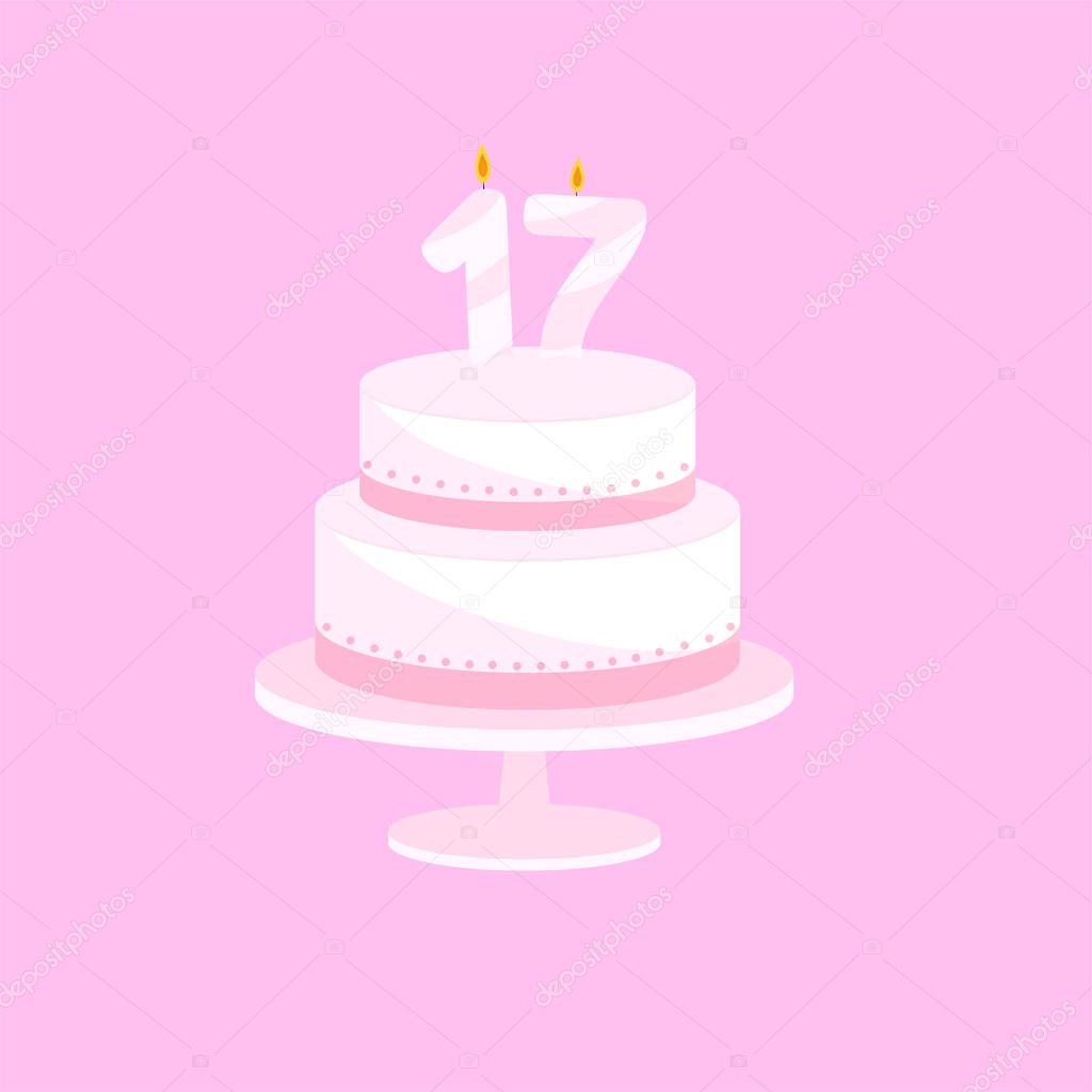 Festive tender cake with a candle of age seventeen. Vector illustration