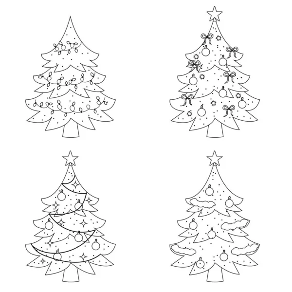 Set Van Verschillende Kerstbomen Feestelijk Lijn Stijl Vectorillustratie — Stockvector