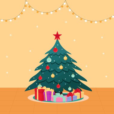 Odada hediyelerle Noel ağacı. Vektör illüstrasyonu.