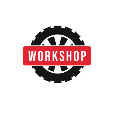 Workshop badge with wheels. Vector illustration