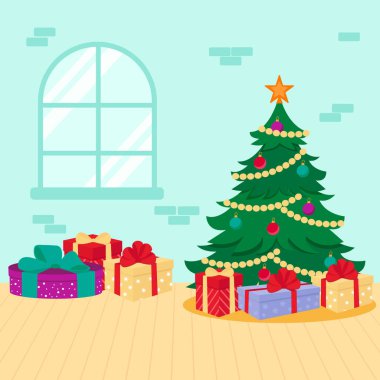 Christmas tree with gifts near the window. Vector illustration