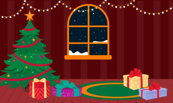 Christmas Tree Gifts Room Dark Window Vector Illustration — Wektor stockowy