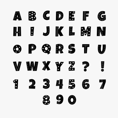English classical alphabet with numbers in retro style. Vector illustration.