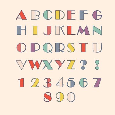 English classical alphabet with numbers in retro style. Vector illustration.