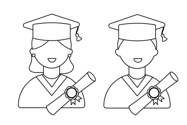 Student Smiles Graduation Day His Diploma Man Woman Line Style — Wektor stockowy