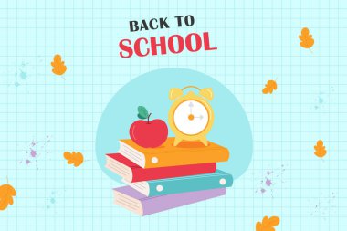 Back to school background with books, apple and alarm clock. Vector illustration