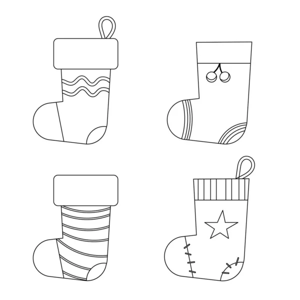 Christmas Sock Set Line Style Gifts Vector Illustration — Stock Vector