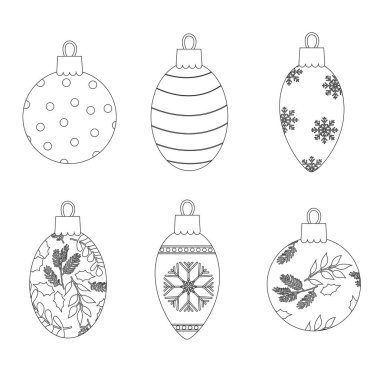 Set of Christmas balls with a line style pattern. Vector illustration