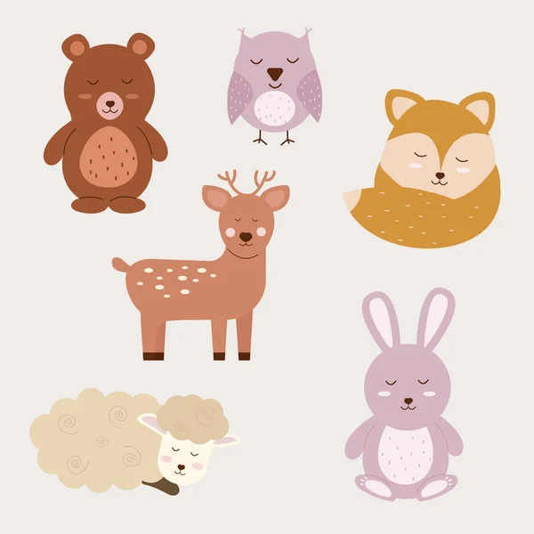 Boho Animal Character Set Eyes Closed Baby Animals Vector Illustration — Stock Vector