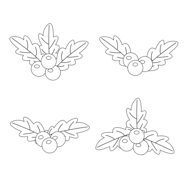 Set Christmas Decoration Red Berries Leaves Outline Line Style Vector — Archivo Imágenes Vectoriales