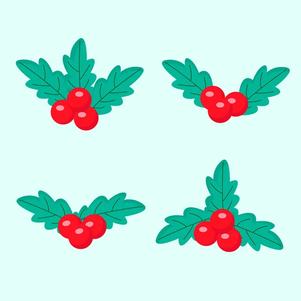 Set Christmas Decoration Red Berries Leaves Vector Illustration — Vector de stock