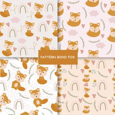 Seamless fox pattern in boho style. Vector illustration