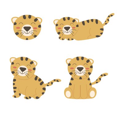 Set of cartoon tigers boho. Vector illustration