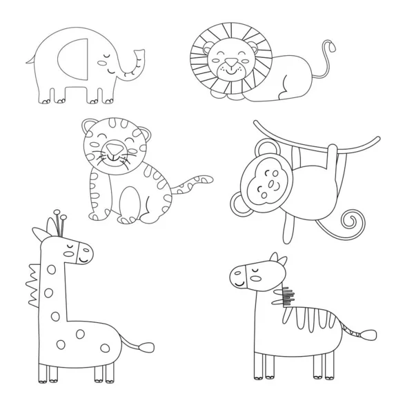 Set Cartoon Animals Outline Boho Vector Illustration — Stock Vector