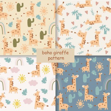 Seamless children's boho giraffe pattern. Vector illustration 